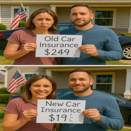 Happy couple showing their insurance savings from $249 to $19